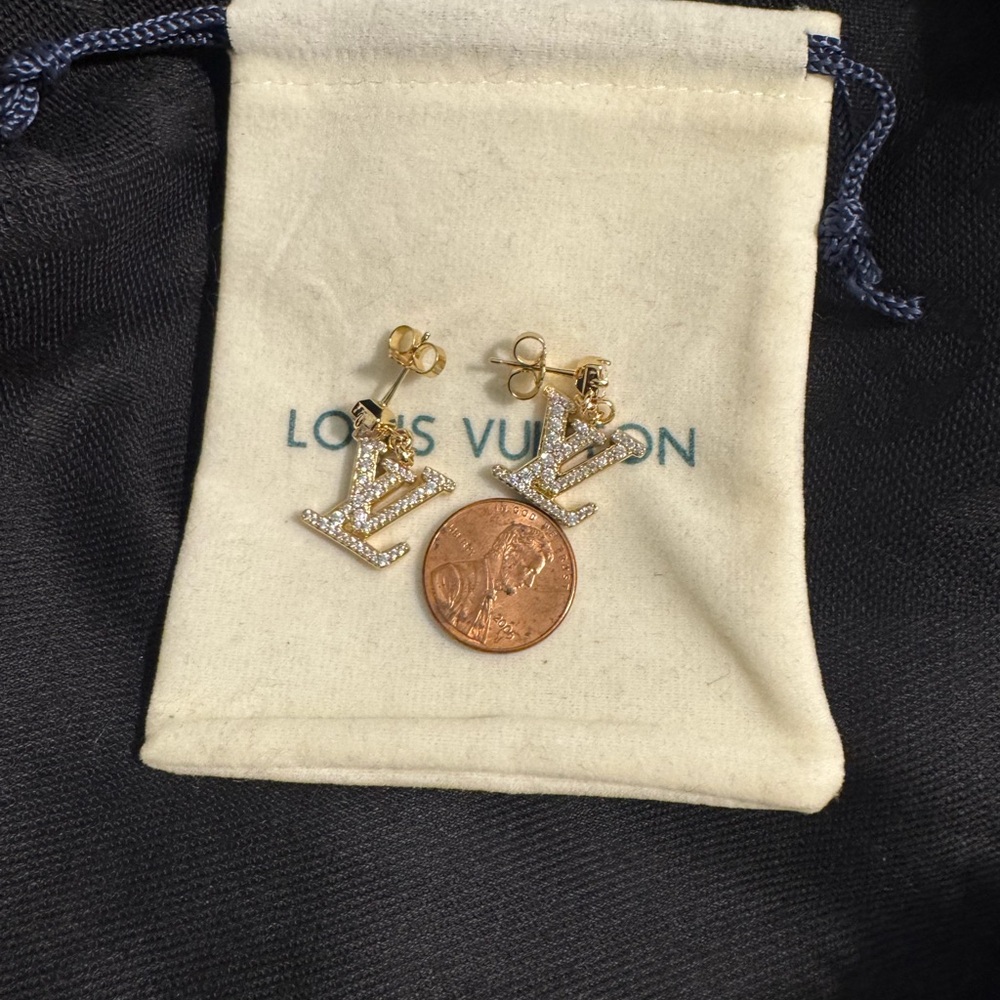 Louis Vuitton Gold LV Logo Crystal Earrings
